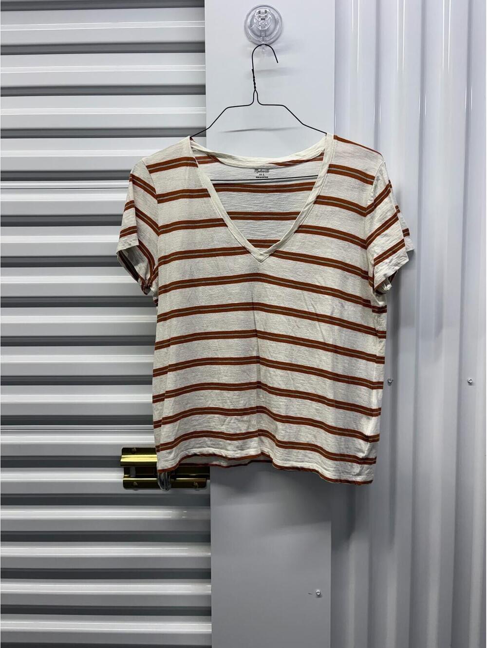 Madewell Women’s Large Madewell Striped V-Neck T-Shirt Cream Orange Blue Cotton